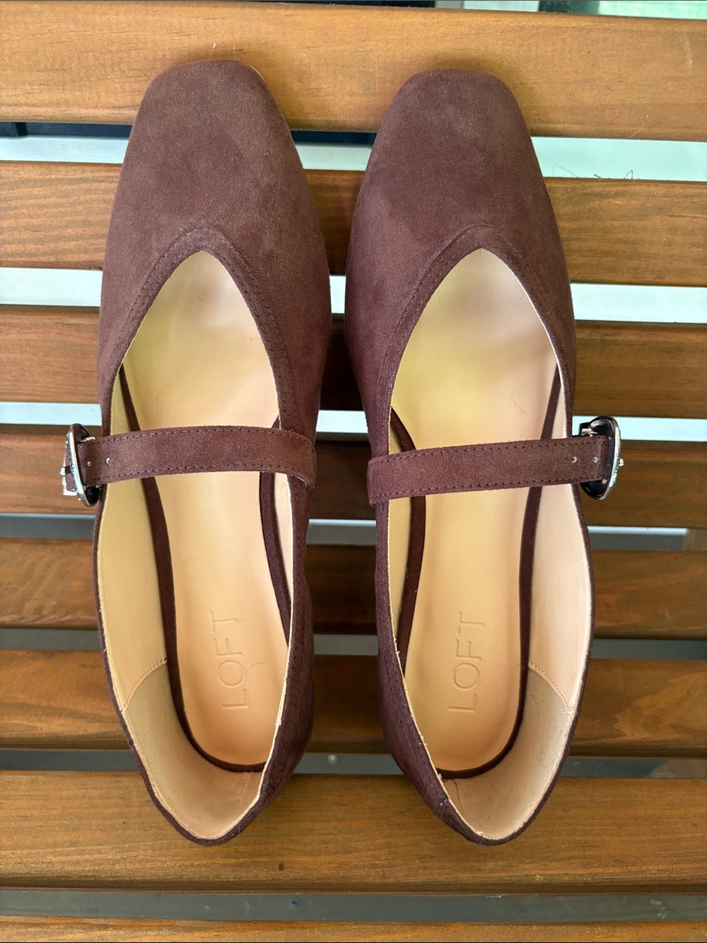 LOFT Brown Suede Mary Jane Flats with Square Toe